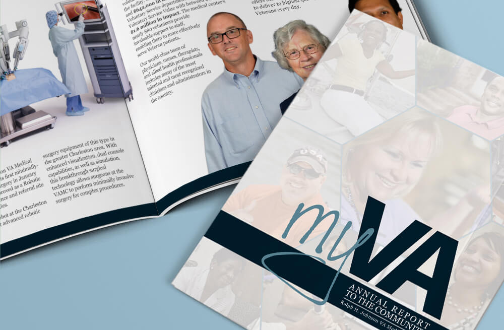 Mockup of the Annual report showing the cover and an inside spread.