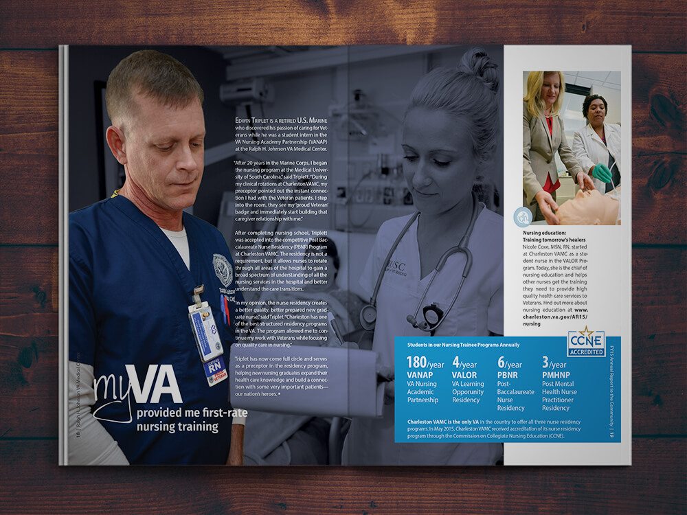 Mockup of an interior spread from the annual report.