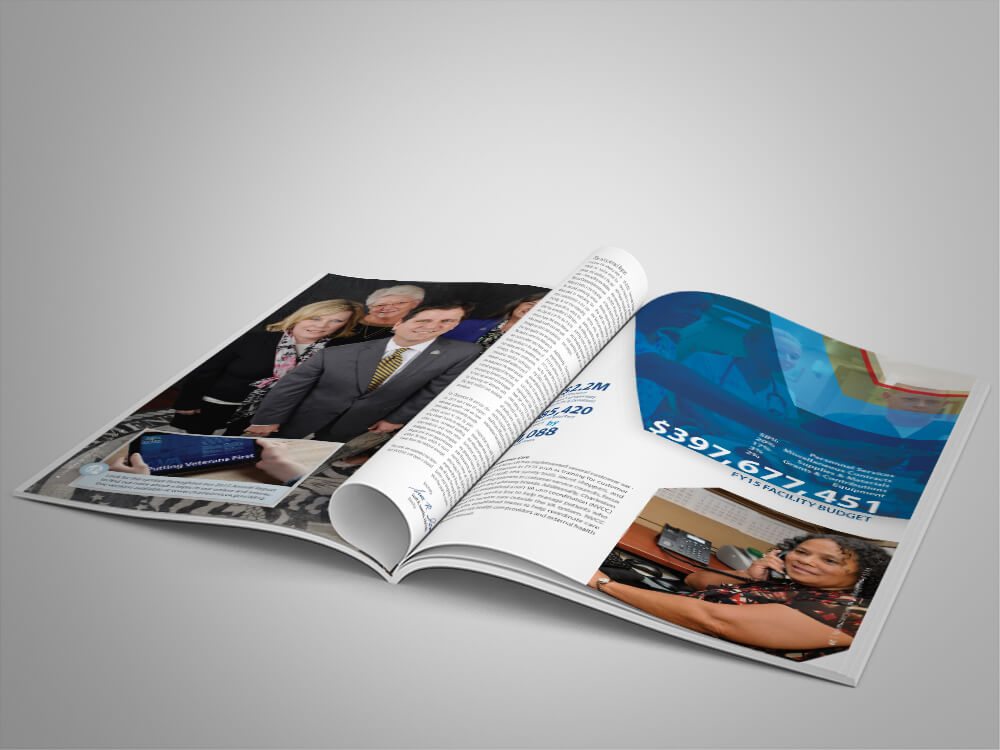 Mockup of multiple interior pages of the annual report
