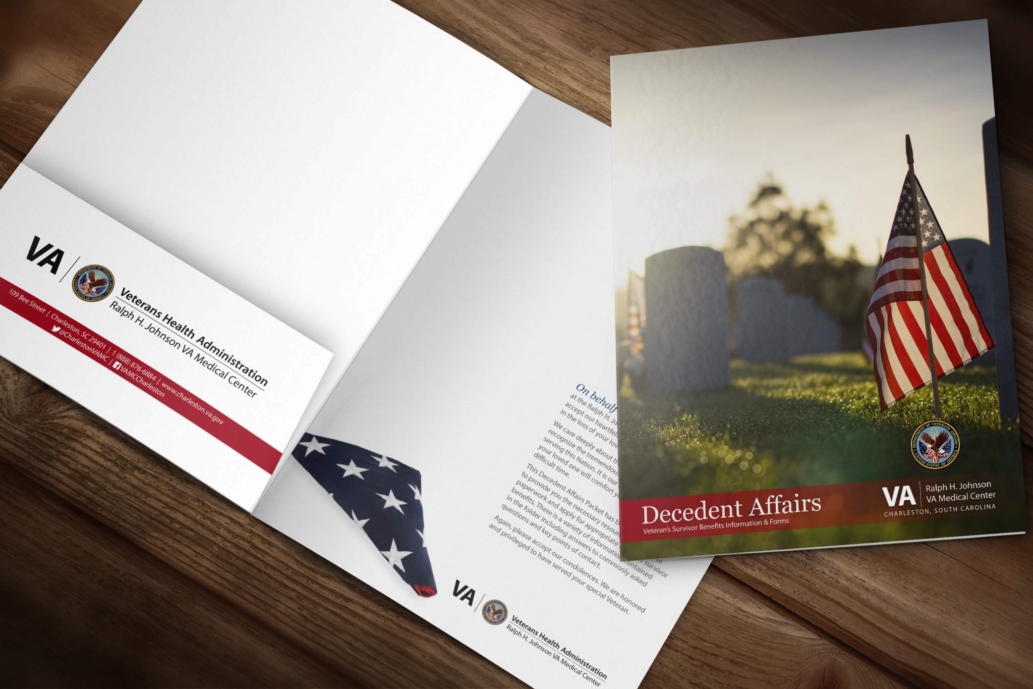 Mockup of the decedents affairs pocket folder showing the cover and interior