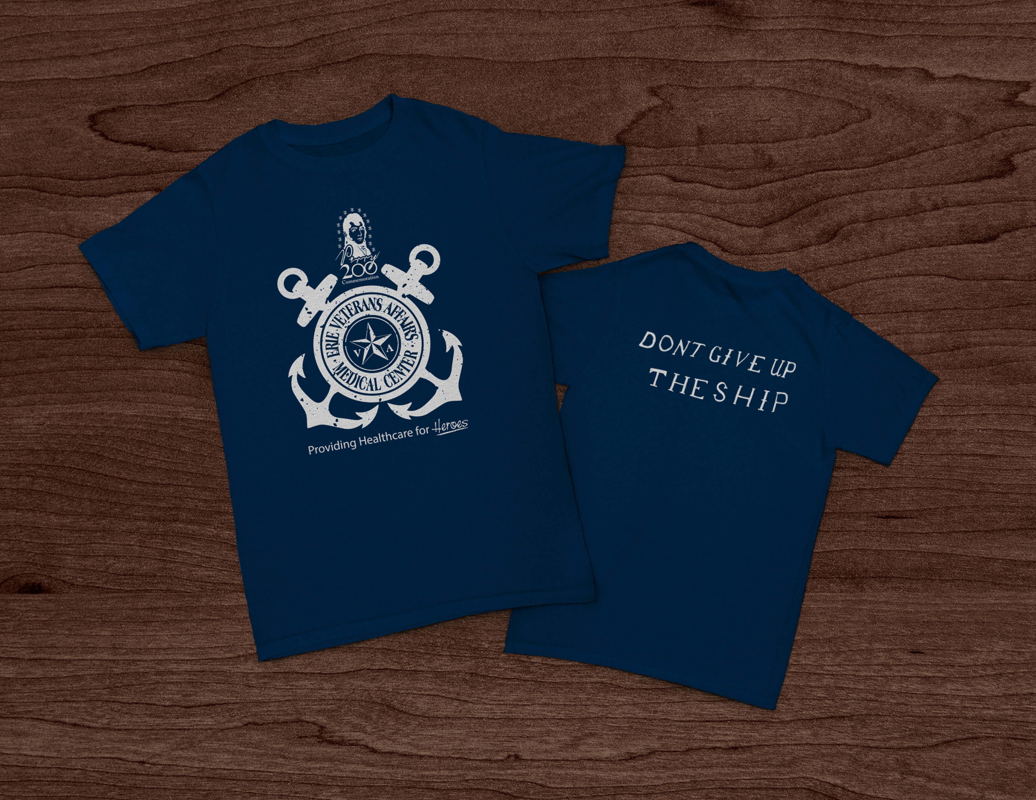 Perry 200 Parade t-shirt design mockup with two anchors on the front and the Perry battle flag on the back