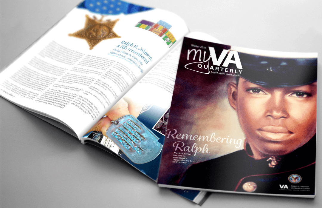 Mockup of the cover and interior spread of the Winter 2016 issue of myVA Magazine